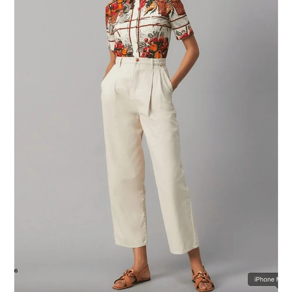 Tory Burch Denim Trouser Barrel Jean Natural Chalk Wash Pleated Crop Pants 2 - Picture 4 of 6